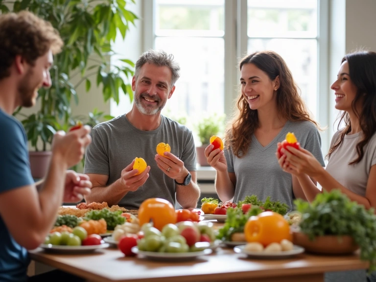 A vibrant image showing a diverse group of people enjoying healthy food and engaging in light exercise in a bright, modern setting, symbolizing holistic well-being and community.