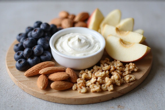 Image of various healthy snacks like nuts, fruits, and yogurt