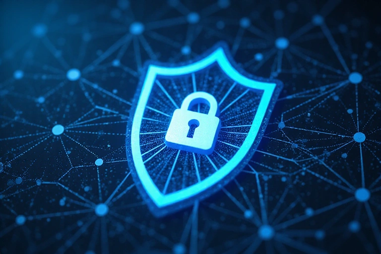 Shield icon with digital lock over a secure network