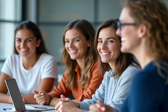 A group of smiling employees participating in a corporate wellness workshop.