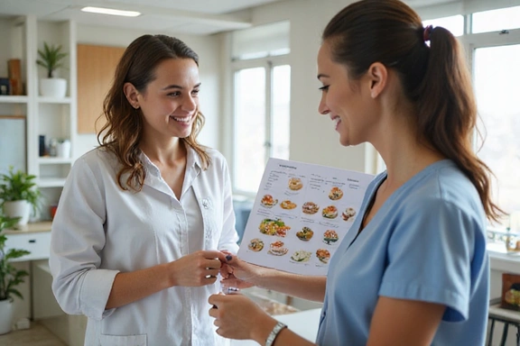 Nutritionist consulting with a client, pointing at a personalized meal plan