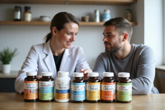 Various dietary supplement bottles arranged neatly with a nutritionist explaining their uses.