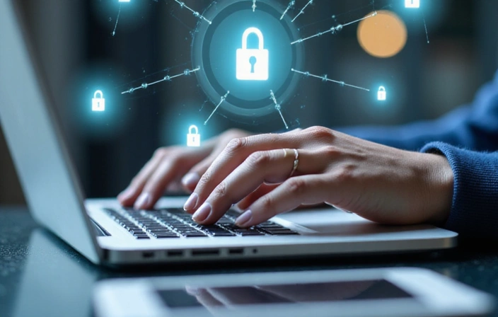 A person's hands typing on a laptop keyboard, with digital security icons overlaid