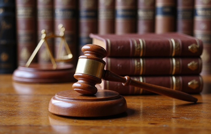 Gavel and law books on a wooden desk, symbolizing legal authority